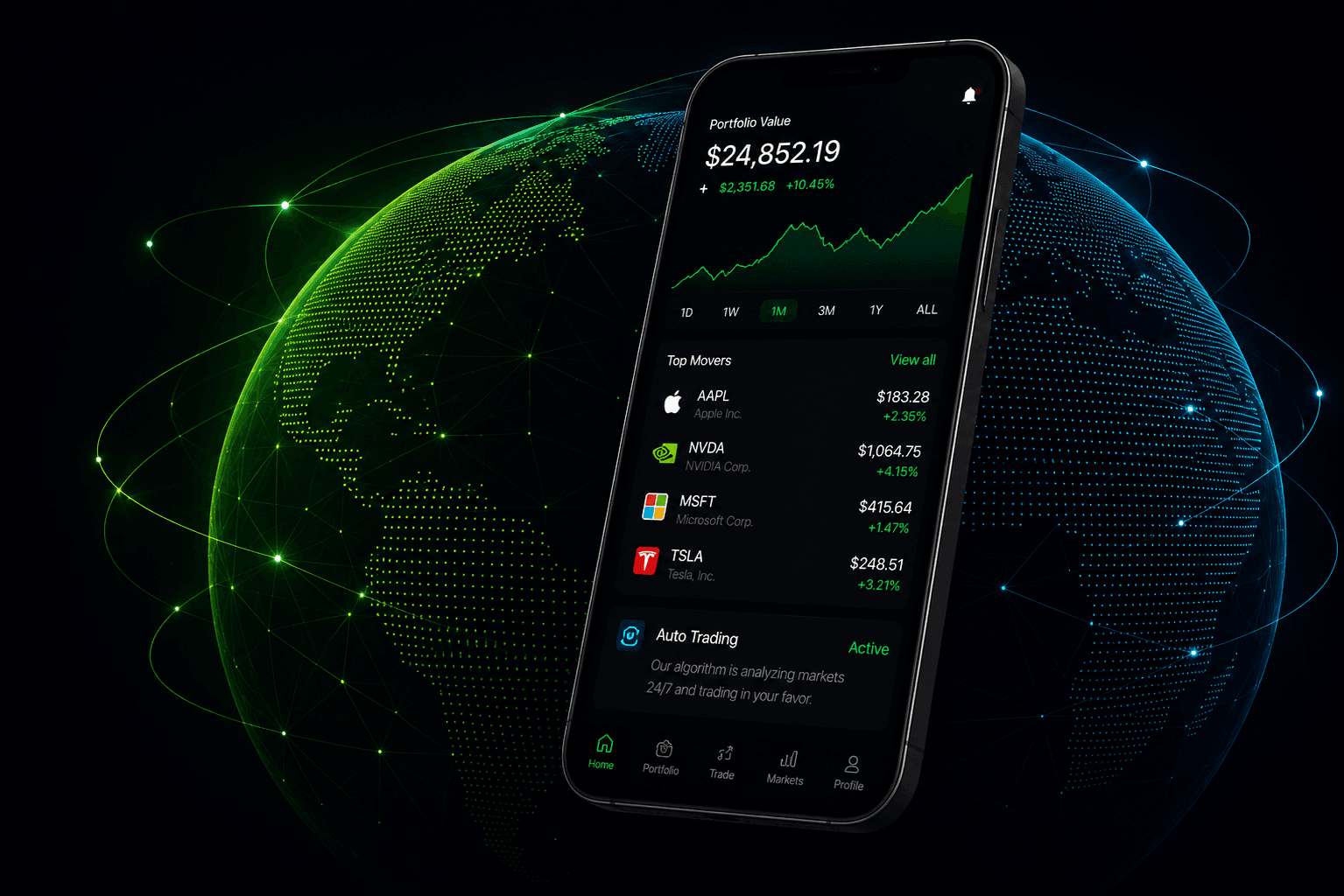 The Level-Up trading app on a smartphone in front of a glowing digital globe with green and cyan network lines